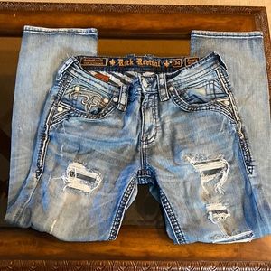 Mens Distressed Rock Revival Jeans. Size 34